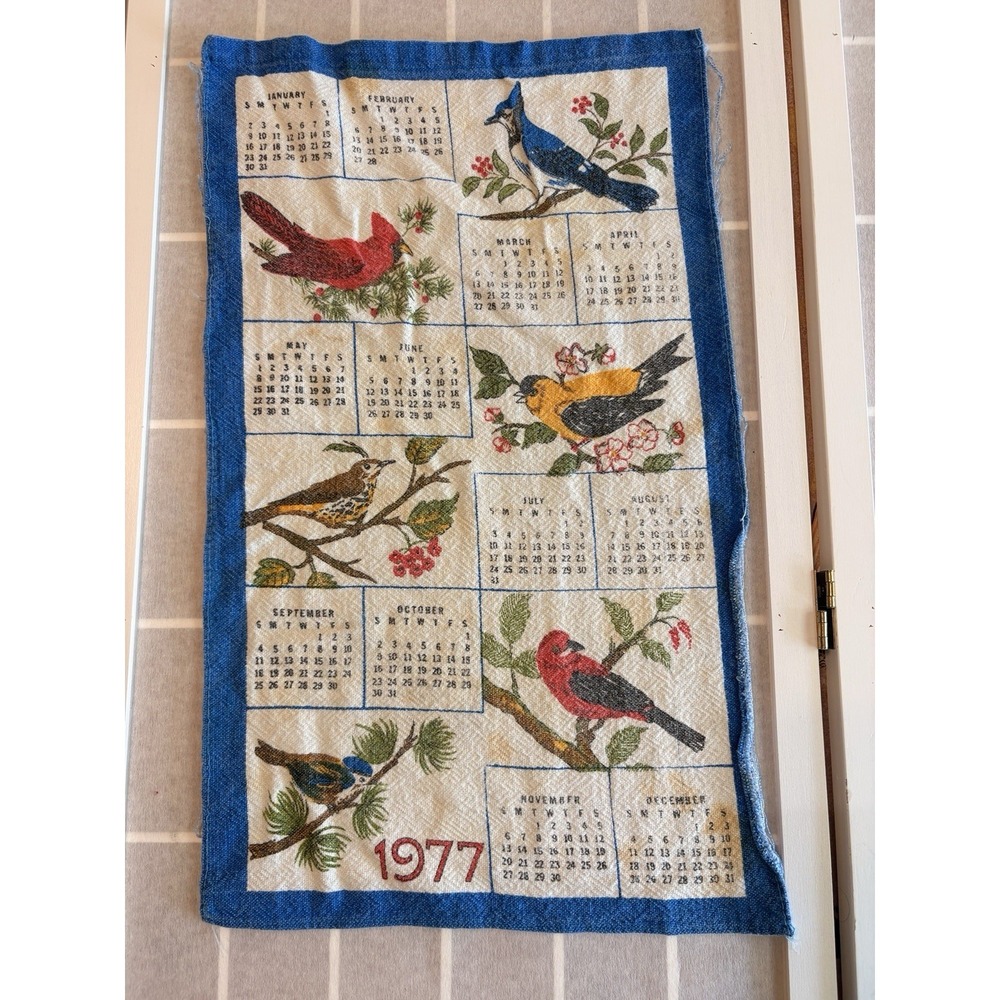 Vintage Linen Cloth 1977 Birds Calendar Garden Cabincore Shabby Chic Rural Earth